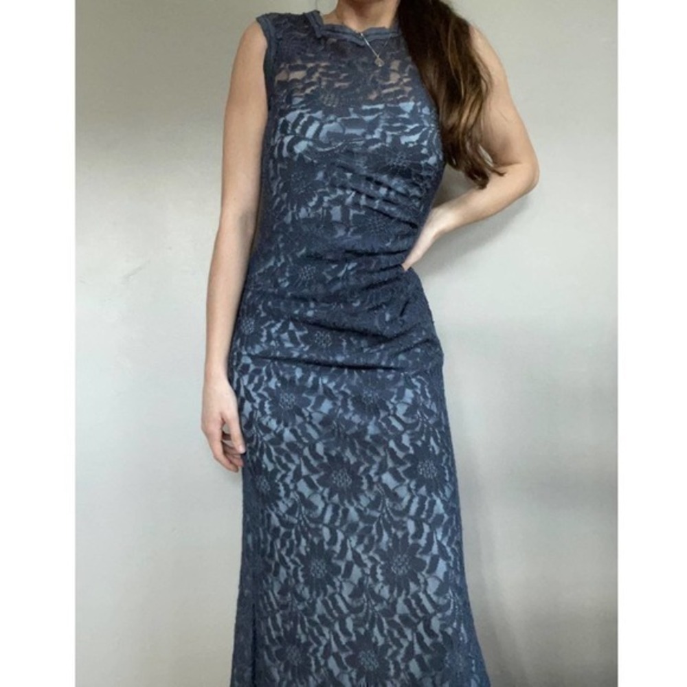 Xscape Charcoal Gray Lace High Neck Prom Gown